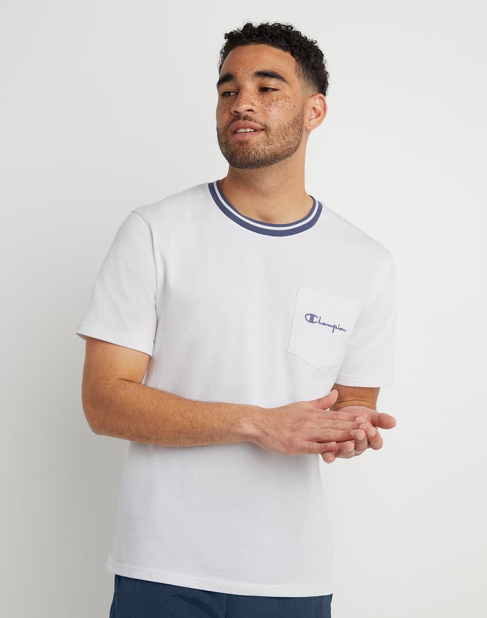 Camiseta Champion Hombre - Tipped Collar Pocket Embroidered Script Logo ( Blancas ) 2546918-AZ